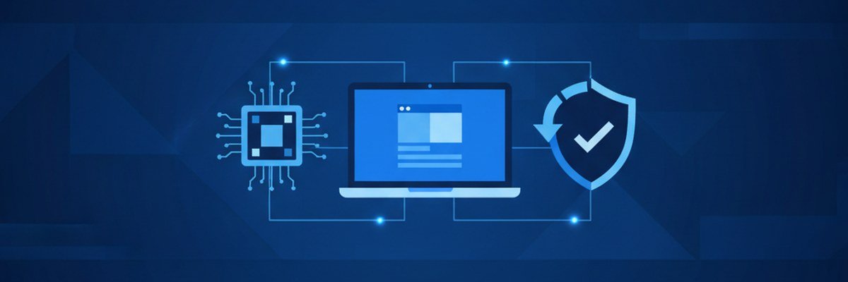 Illustration d'un portable, d'une puce et d'un bouclier avec une flèche de mise à jour, symbole de la réparation de Windows Update et de Secure Boot