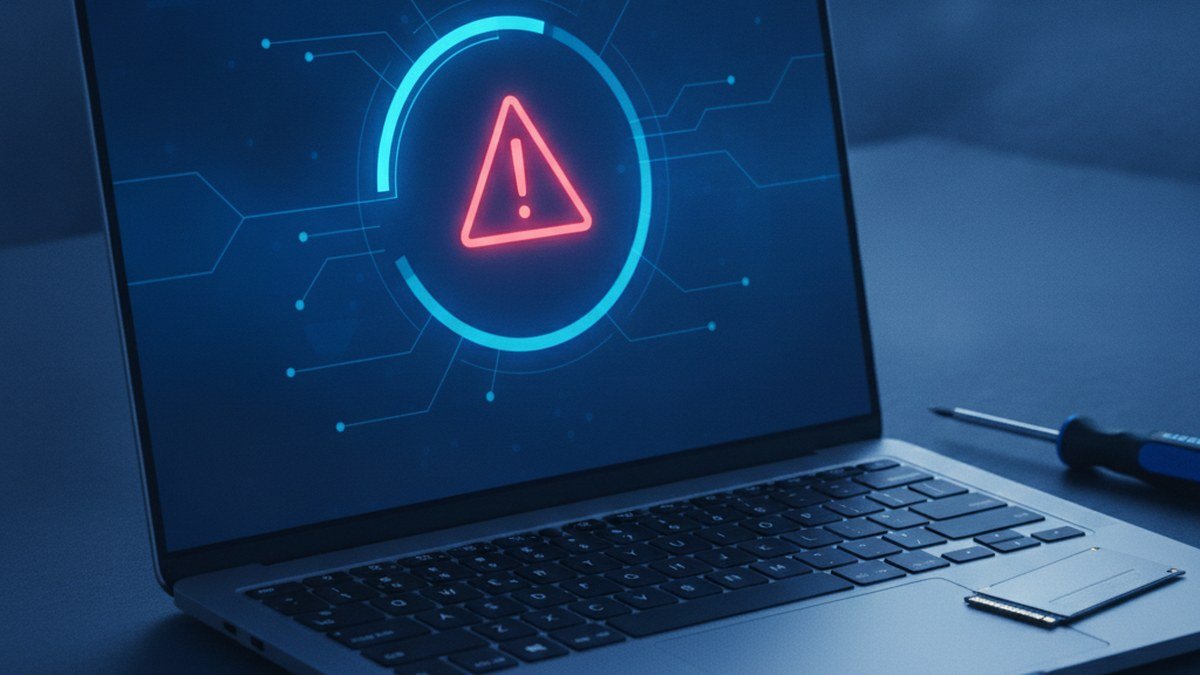 Laptop showing a Windows Update failure warning for error codes 0x80070643, 0x80070005 and 0x800f0922