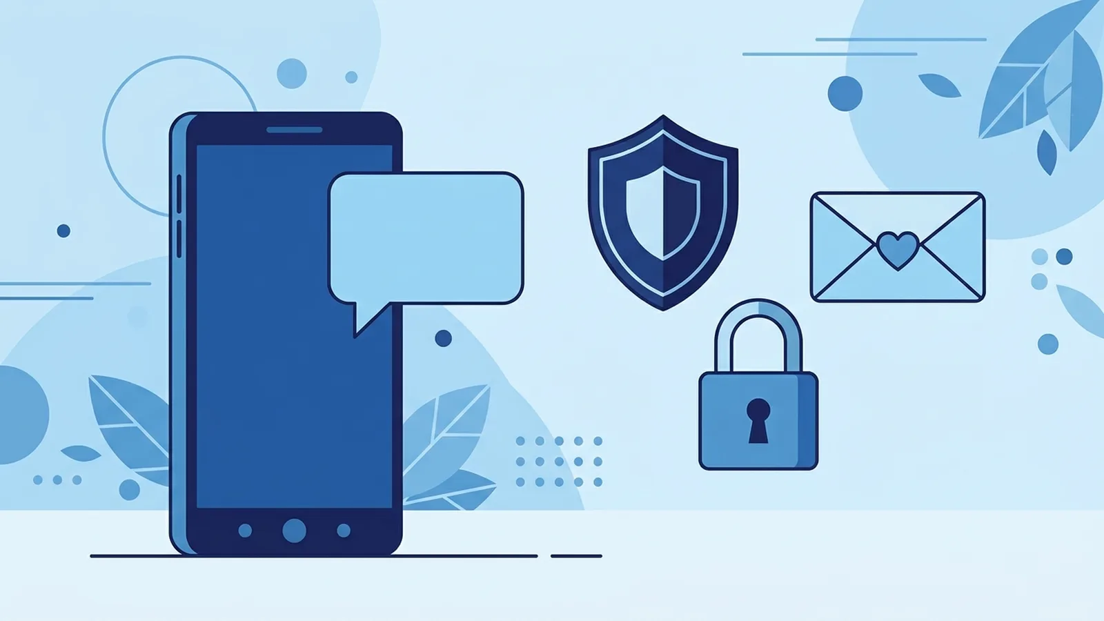 Phone showing a suspicious message beside a shield and padlock on a calm blue background