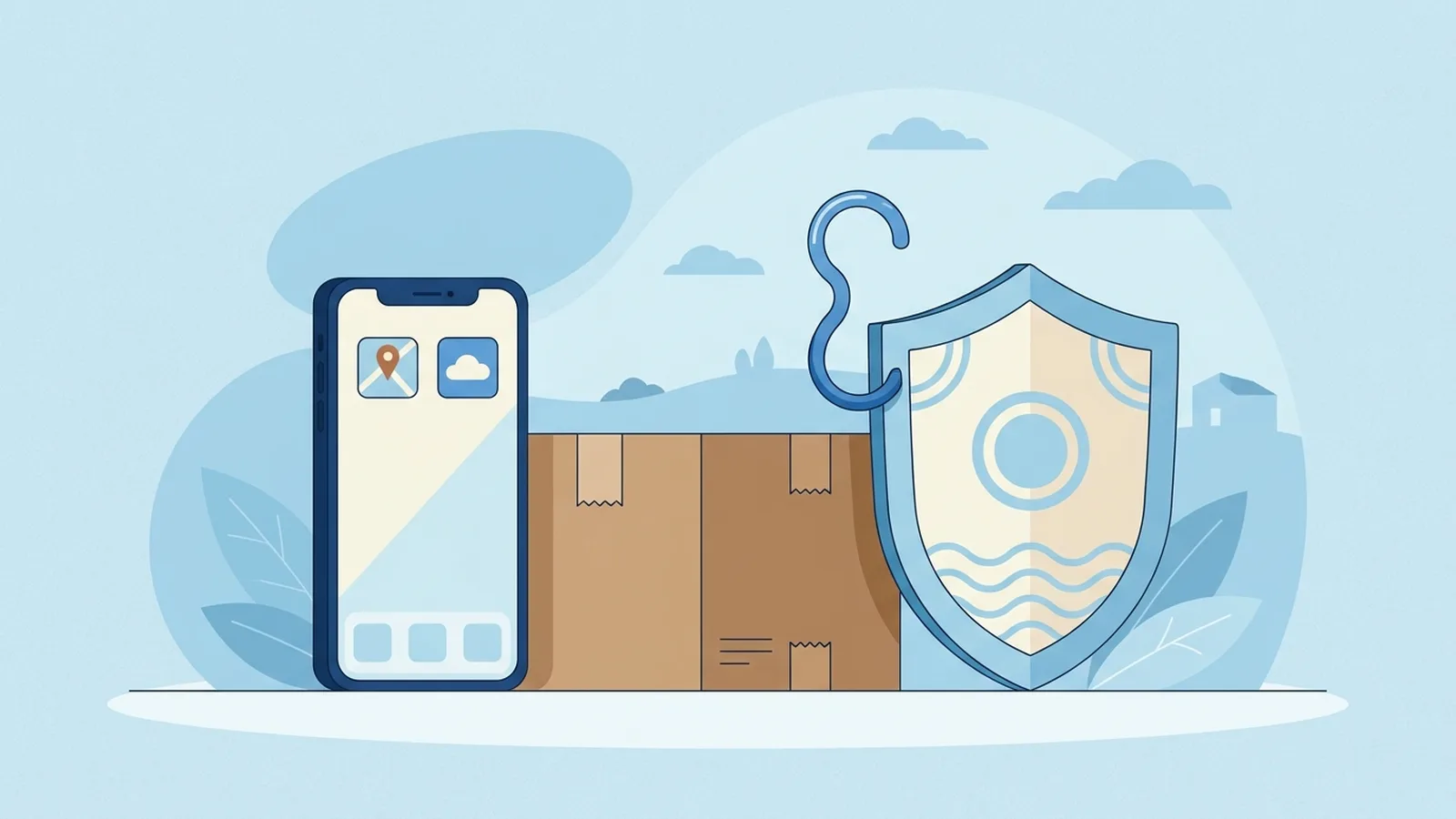 Phone with a parcel box and a warning shield on a calm blue background