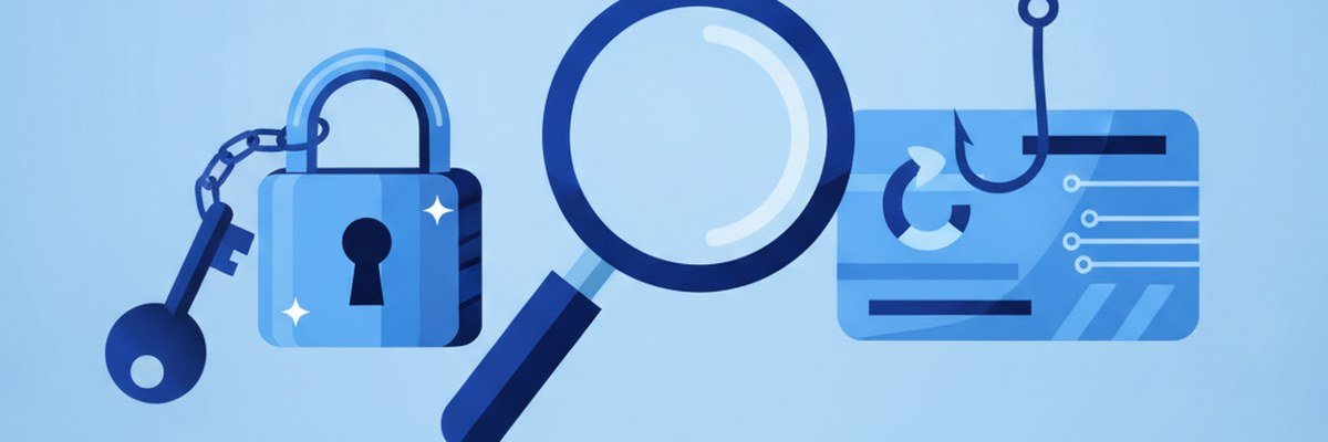 Illustration contrasting a genuine passkey key and padlock with a fake login card hanging on a fishing hook