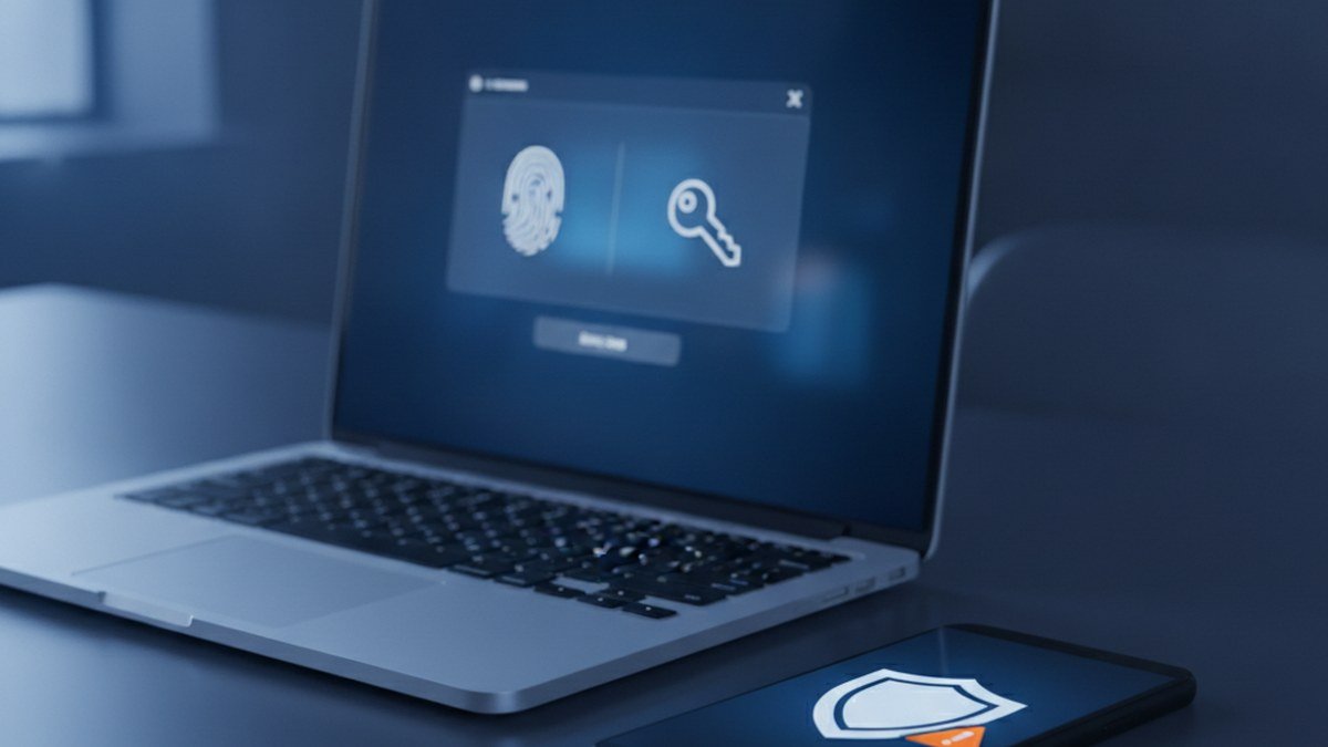 Laptop showing a sign-in window with a fingerprint and key icon beside a phone with a warning shield, illustrating a fake passkey prompt in Microsoft 365