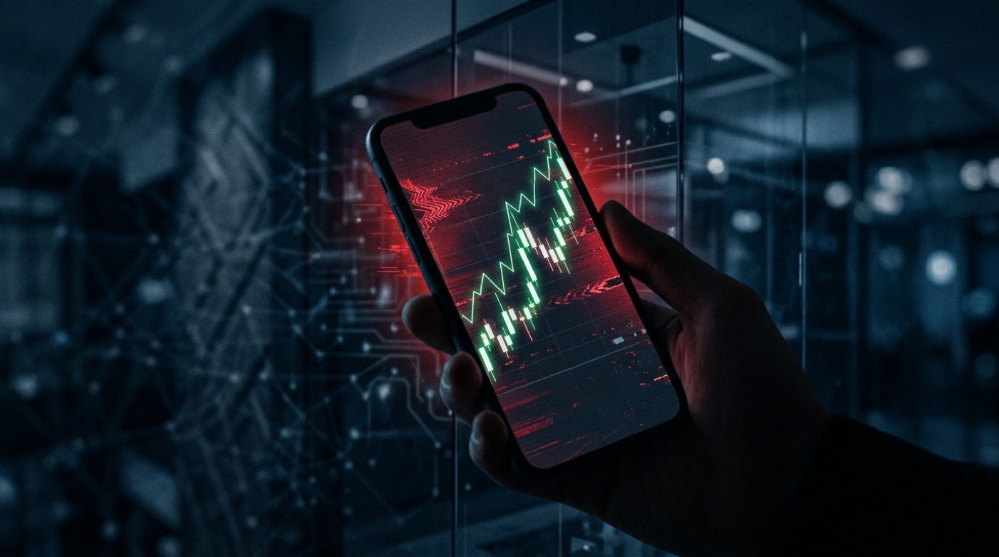 A smartphone displaying an abstract crypto trading chart with a subtle red warning glow, representing an AI-generated fake cryptocurrency investment scam