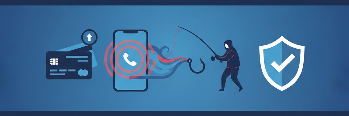 Illustration d'un appel frauduleux, d'une carte bancaire et d'un bouclier de protection contre l'arnaque de récupération de fonds