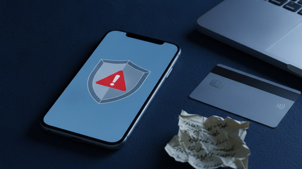Téléphone intelligent affichant une alerte de sécurité à côté d'une carte bancaire et d'un ordinateur portable, arnaque de faux agent antifraude