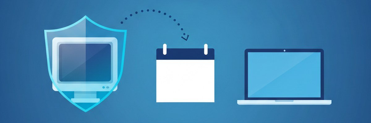 Illustration d'un calendrier, d'un bouclier et d'un ordinateur représentant la prolongation de la protection de Windows 10