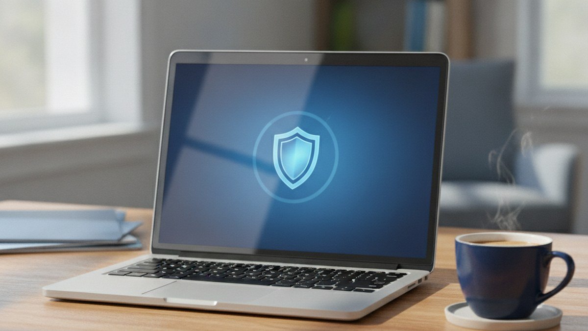 Ordinateur portable sous Windows 10 avec une icône de bouclier, illustrant la prolongation des mises à jour de sécurité jusqu'en octobre 2027