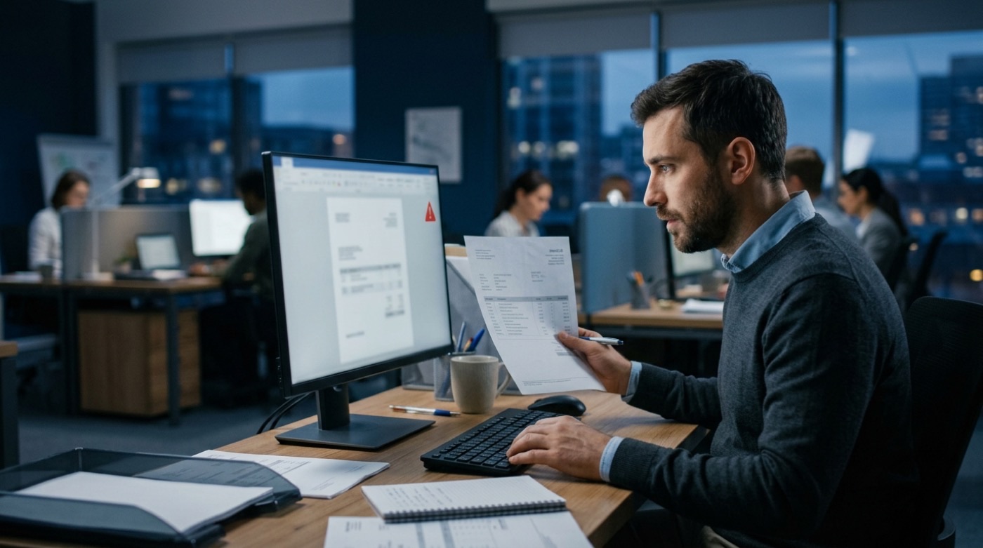 Accounts payable employee reviewing a suspicious vendor invoice on screen before processing a wire transfer