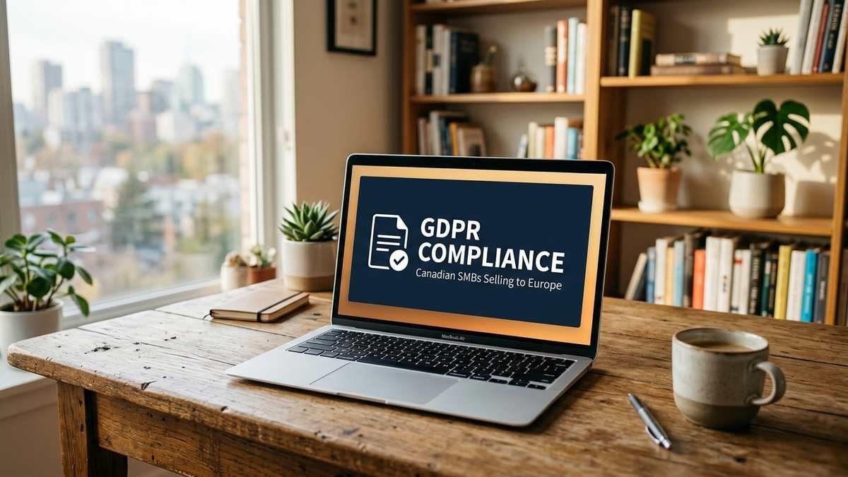 Laptop screen displaying 'GDPR Compliance for Canadian SMBs Selling to Europe' with a document checkmark icon, office desk