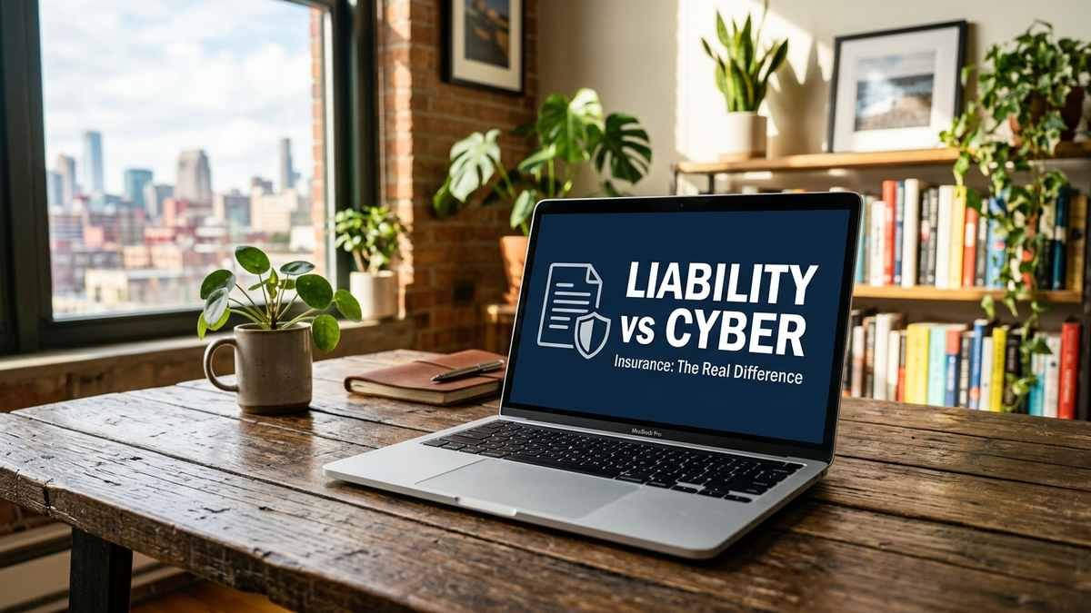 Laptop screen displaying 'Liability vs Cyber Insurance: The Real Difference' with a document and shield icon, office desk