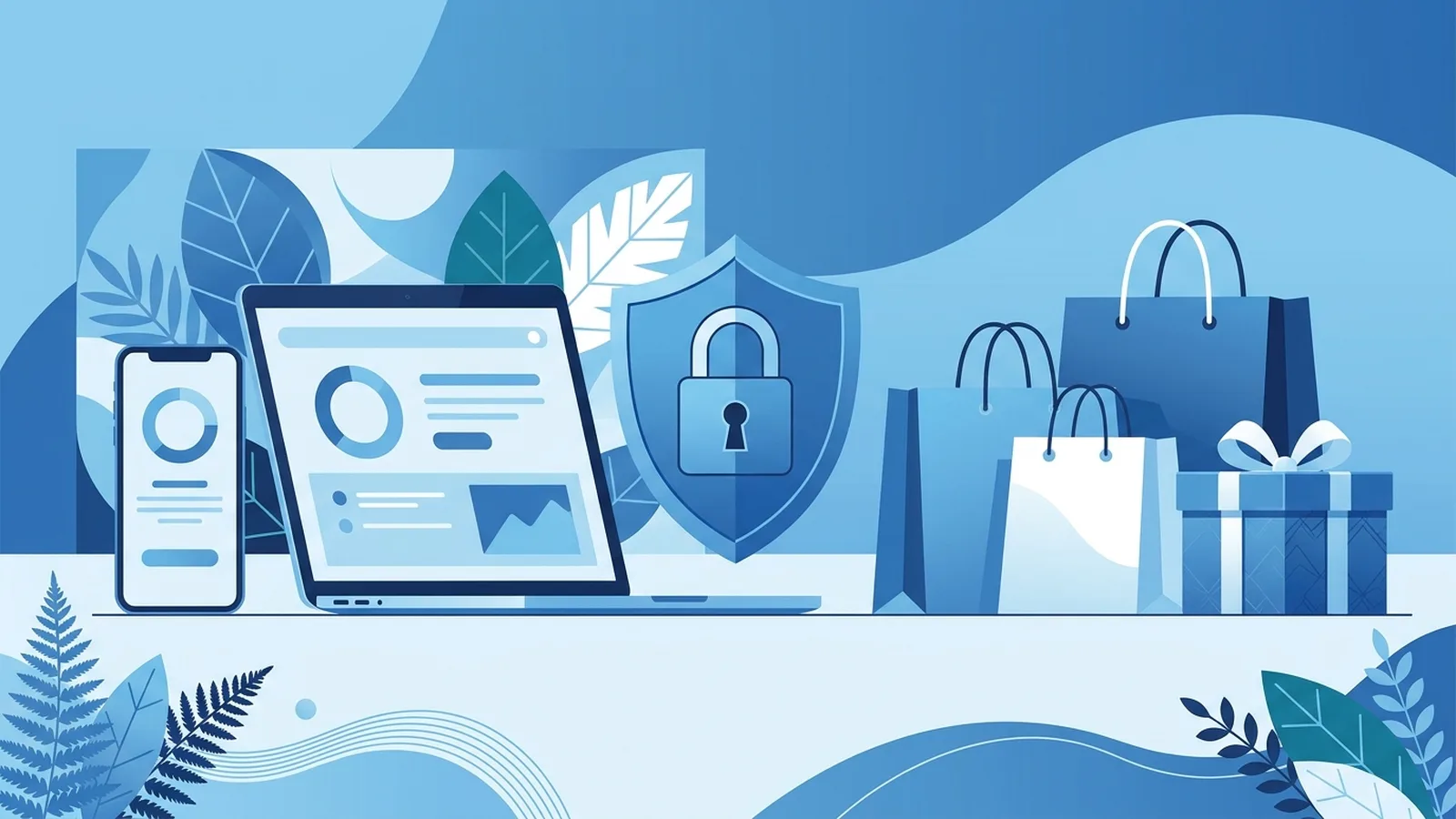 Phone and laptop protected by a shield and padlock beside shopping bags