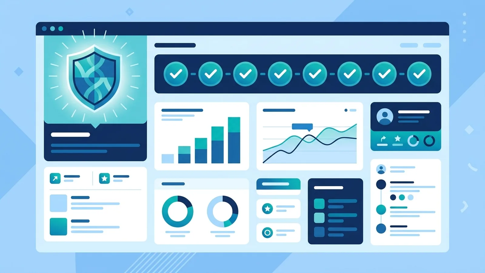 Illustration of a website dashboard with a version checklist and a shield