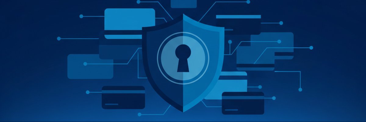 Illustration of a shield with a keyhole protecting blank ID card silhouettes from network threats
