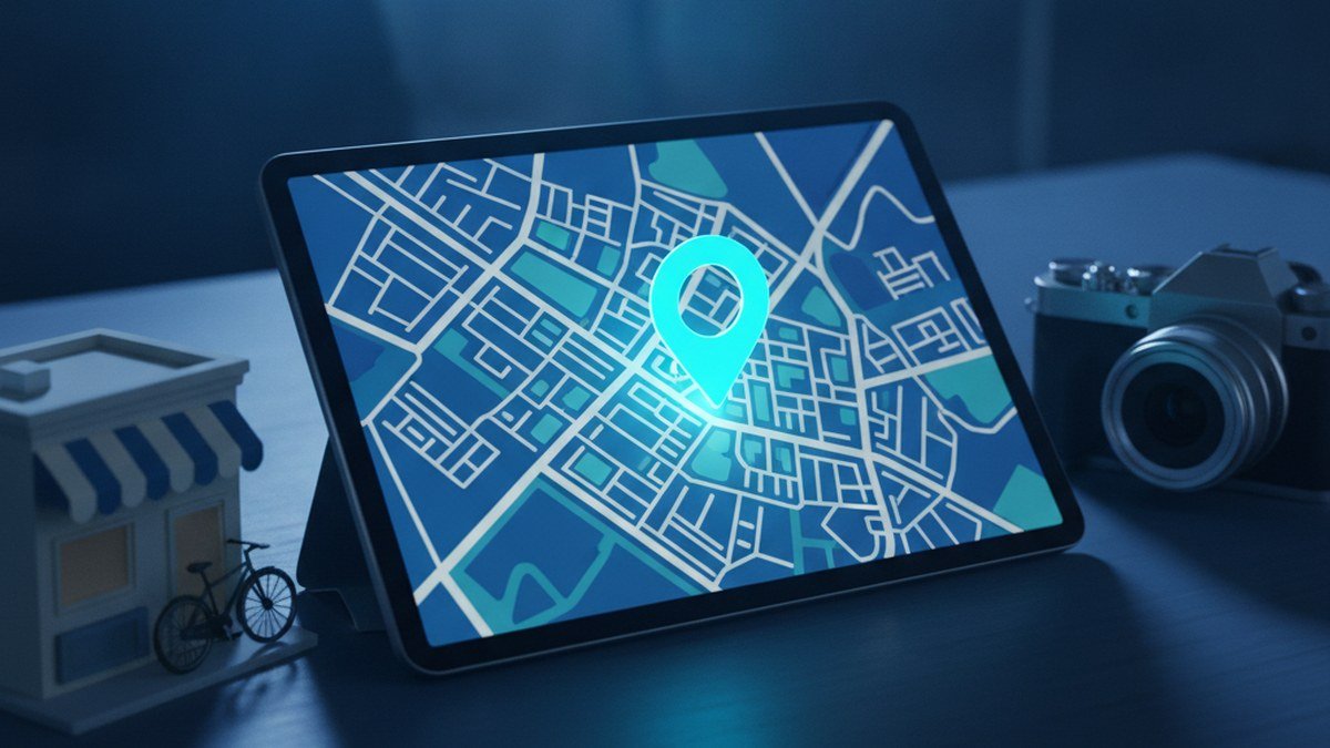Tablette affichant une carte avec une épingle bleue à côté d'une maquette de commerce et d'un appareil photo, pour illustrer les images IA et la fiche Google Entreprise au Québec