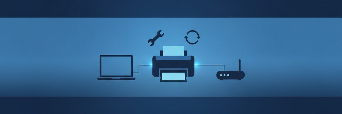 Illustration d'une imprimante reliée à un ordinateur par un câble et un symbole de réseau, avec un outil de réparation