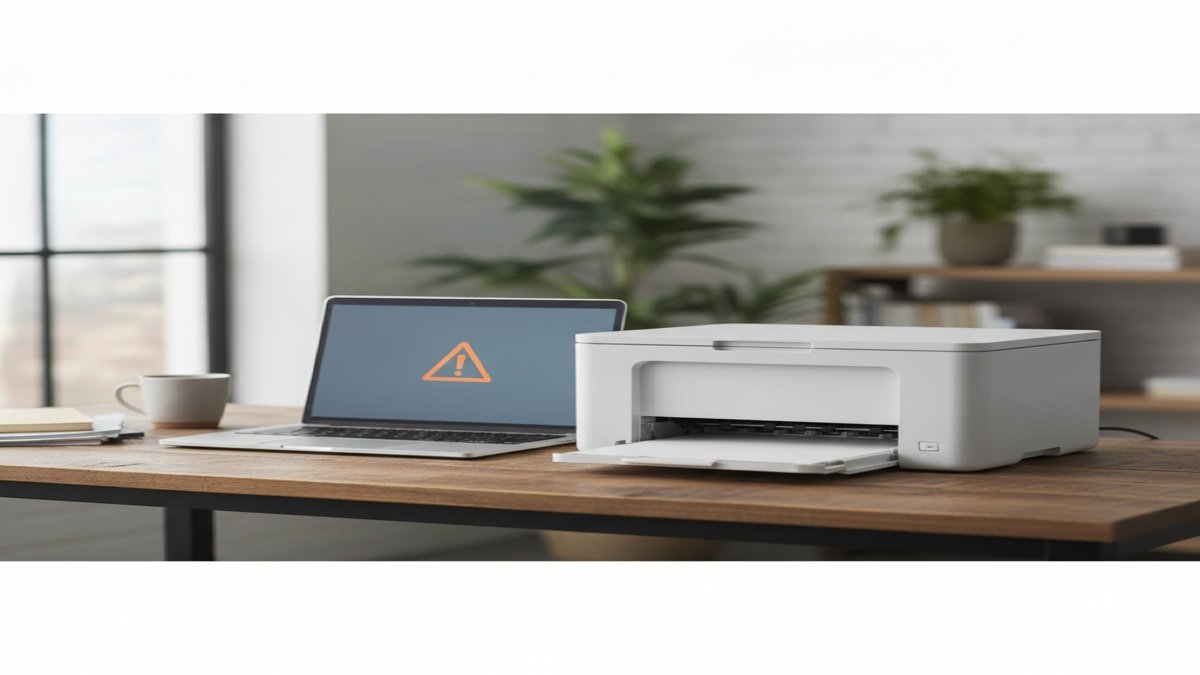 Ordinateur portable Windows 11 avec une imprimante de bureau et une feuille bloquée, illustrant une imprimante qui ne fonctionne plus après une mise à jour