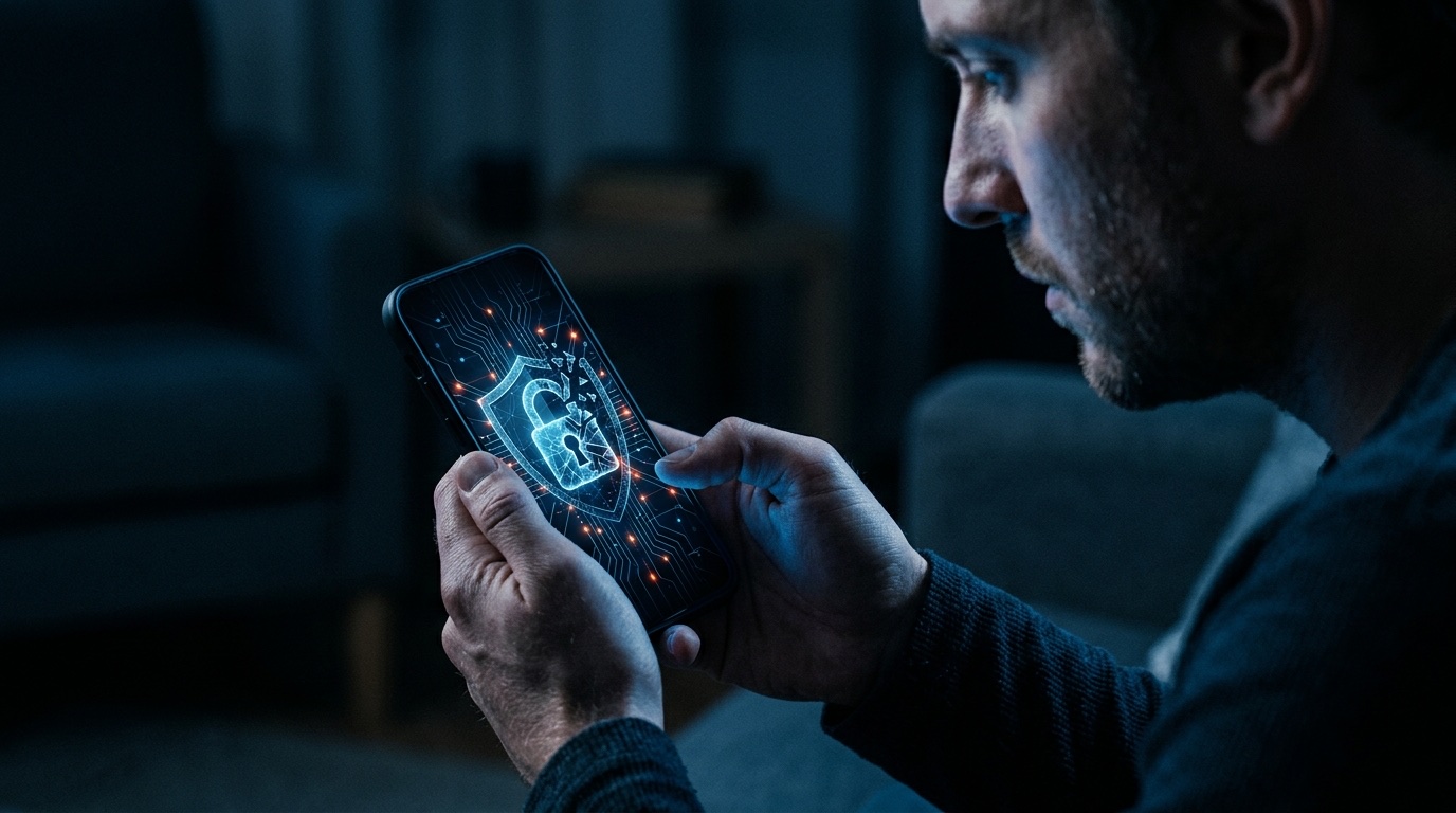 Person holding a smartphone glowing navy blue with an abstract broken padlock and shield icon, representing a hacked Instagram account and account security breach