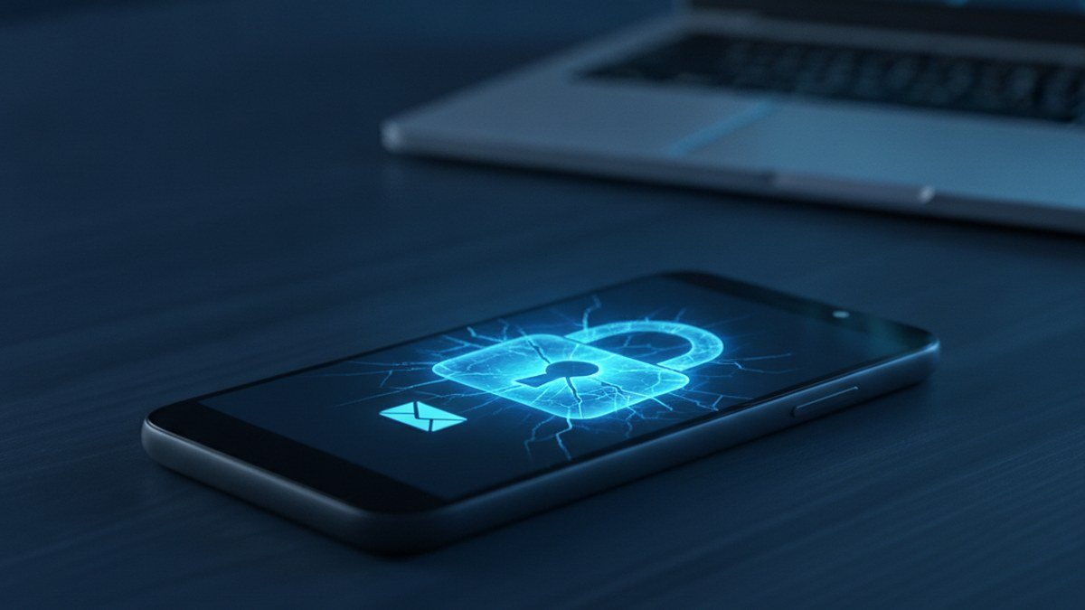 Smartphone with a broken padlock icon beside a laptop, illustrating a hacked social media account with changed email and phone