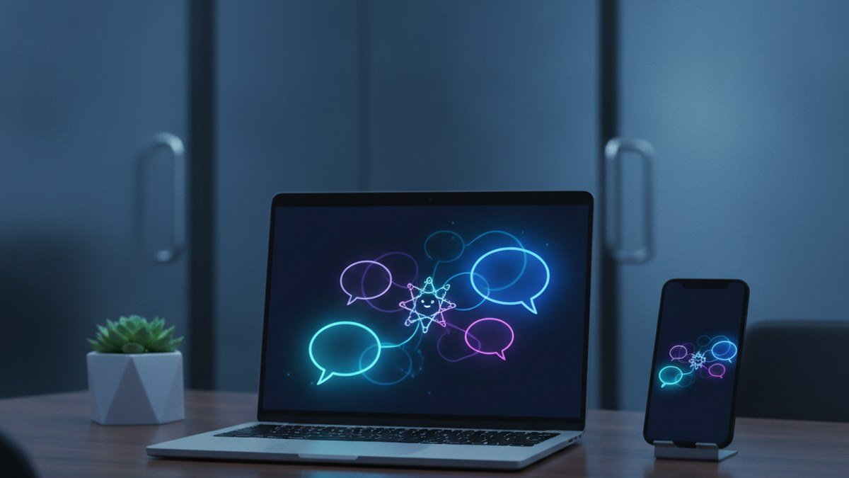 Ordinateur portable et téléphone affichant des bulles de conversation d'une intelligence artificielle gratuite