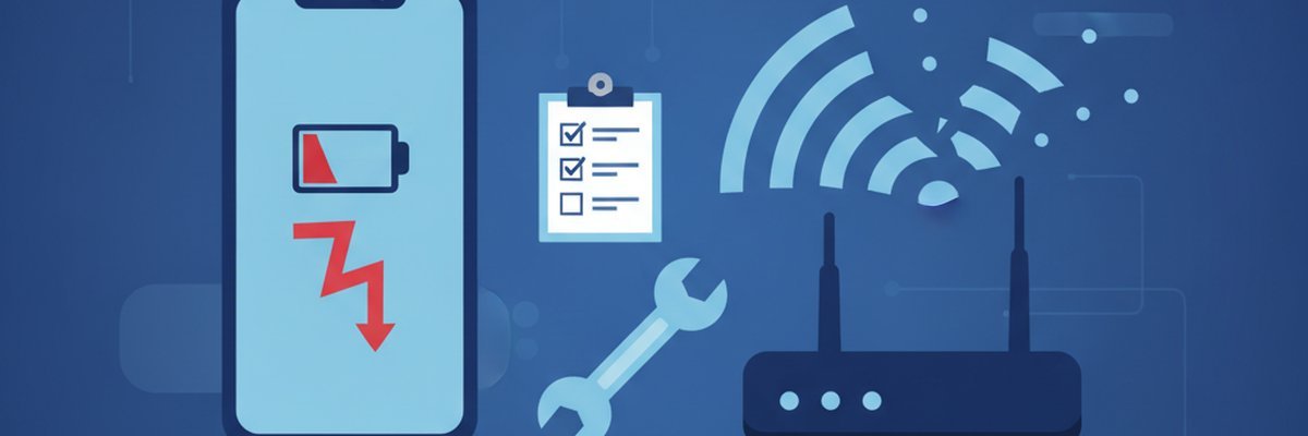 Illustration of an iPhone with low battery, a checklist, a wrench and a Wi-Fi router for troubleshooting