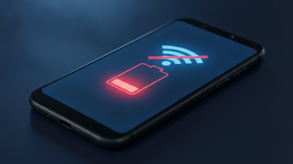 iPhone showing a low battery icon and a crossed-out Wi-Fi symbol after an iOS update