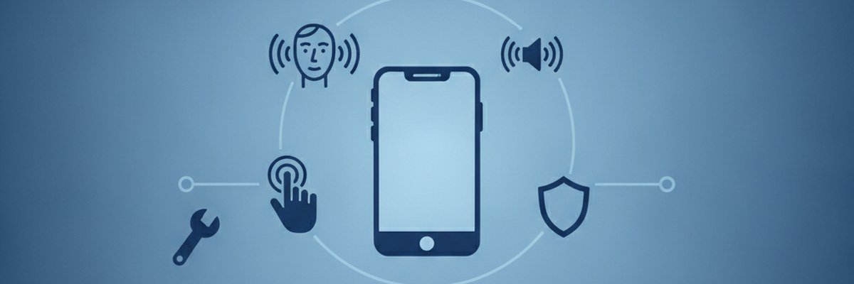 Illustration of a smartphone with face scan, touch and speaker icons connected to a wrench and shield