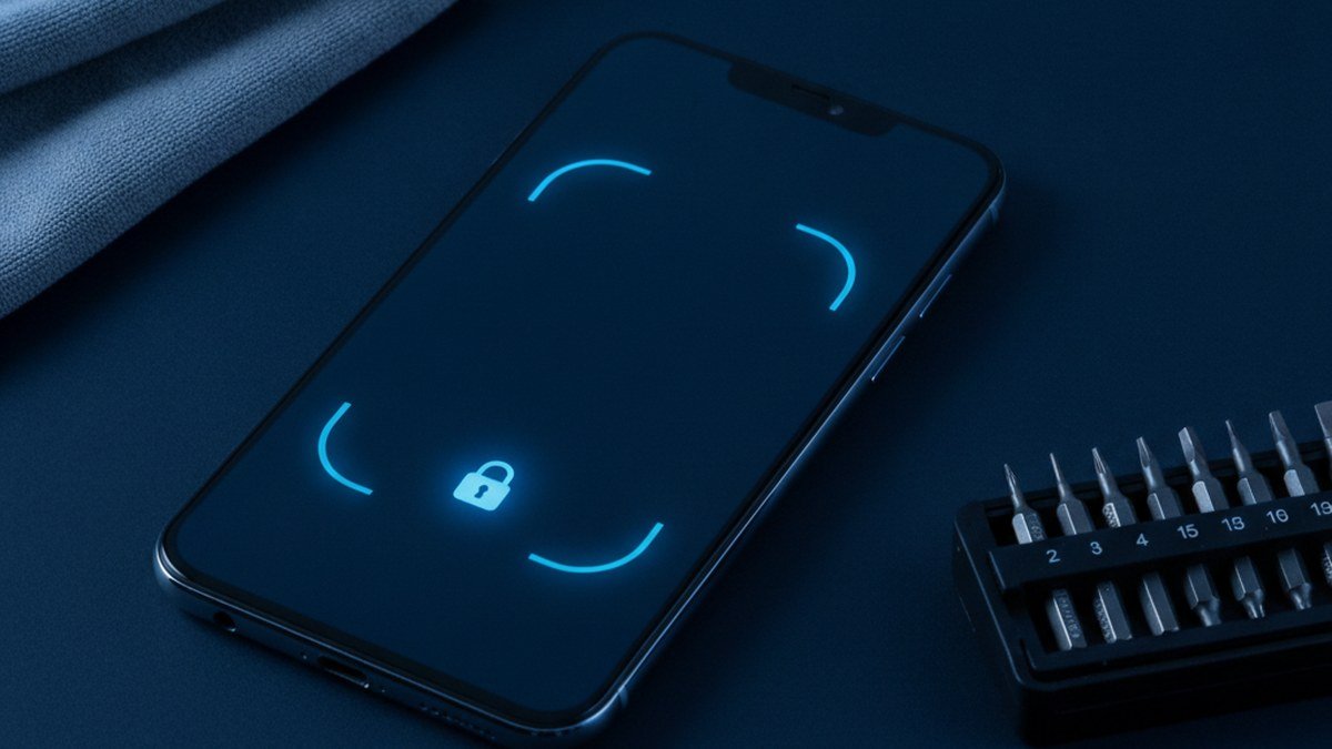 Smartphone with a face scan outline icon on a dark desk beside a cleaning cloth, illustrating iPhone Face ID troubleshooting
