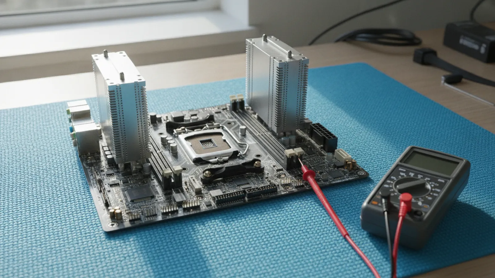 Bare PC motherboard on a workbench being tested with a digital multimeter and probes
