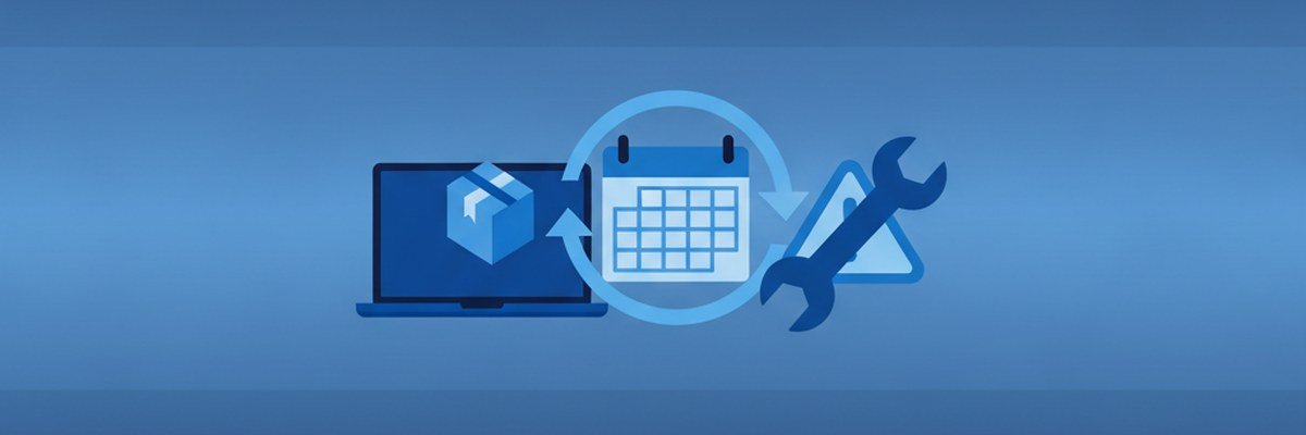 Illustration of the monthly Windows Patch Tuesday update cycle with a laptop, a wrench and a warning triangle