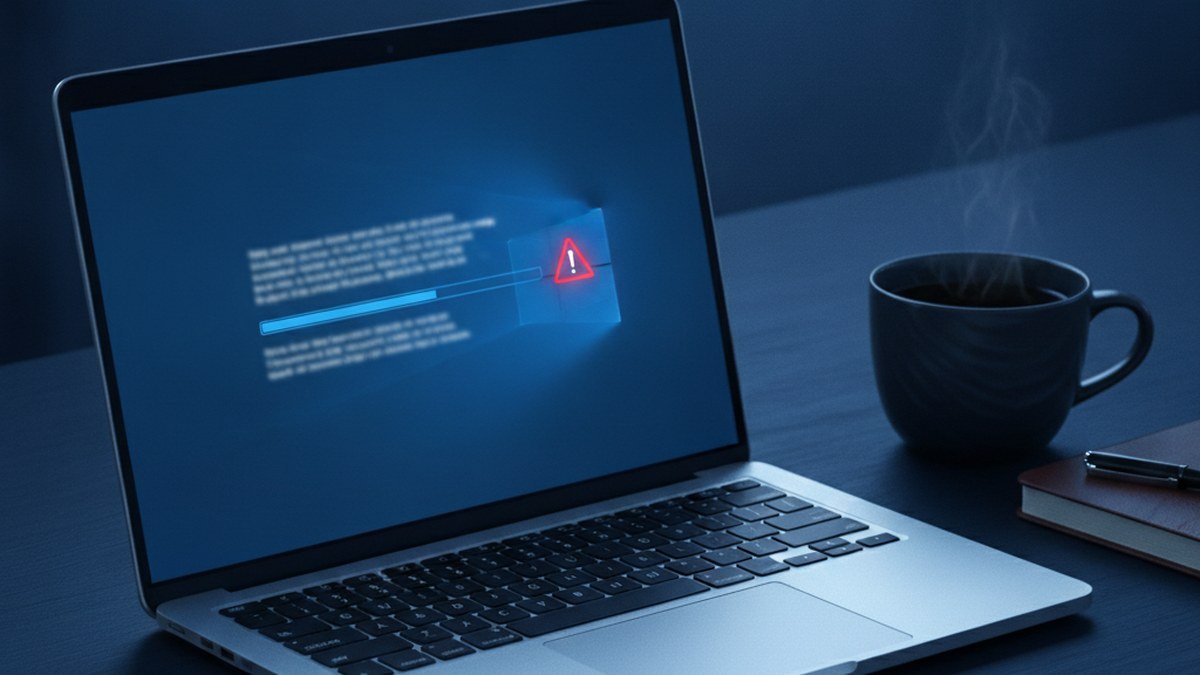 Windows 11 laptop showing a stalled update progress bar with a warning icon for KB5129195 install error 0x800f0993