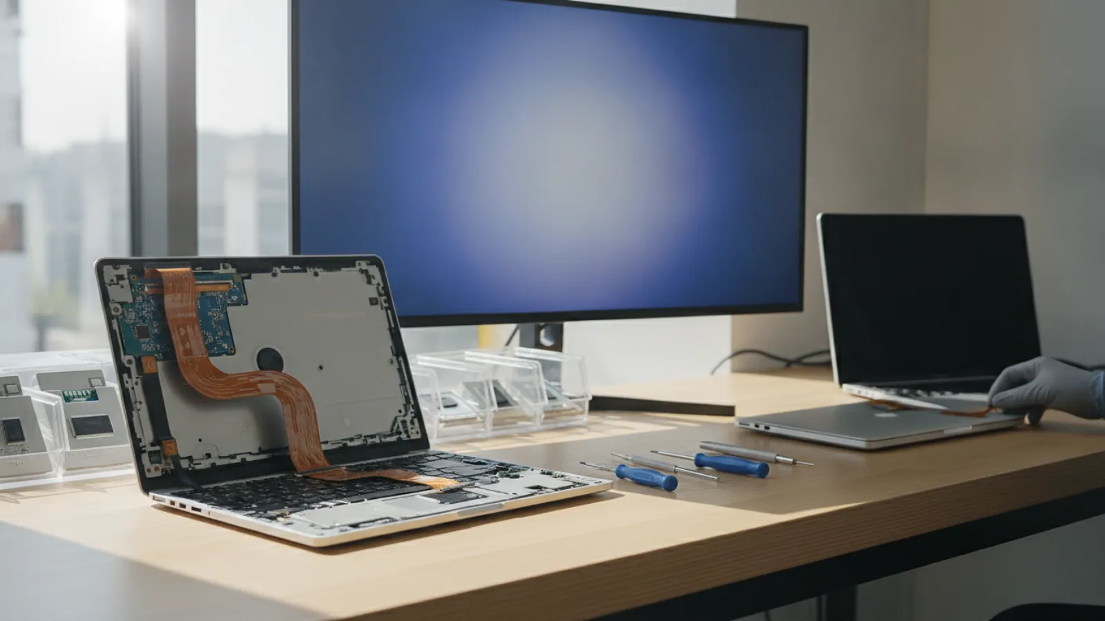 Laptop with the keyboard removed exposing the ribbon cable, with small repair tools on the desk
