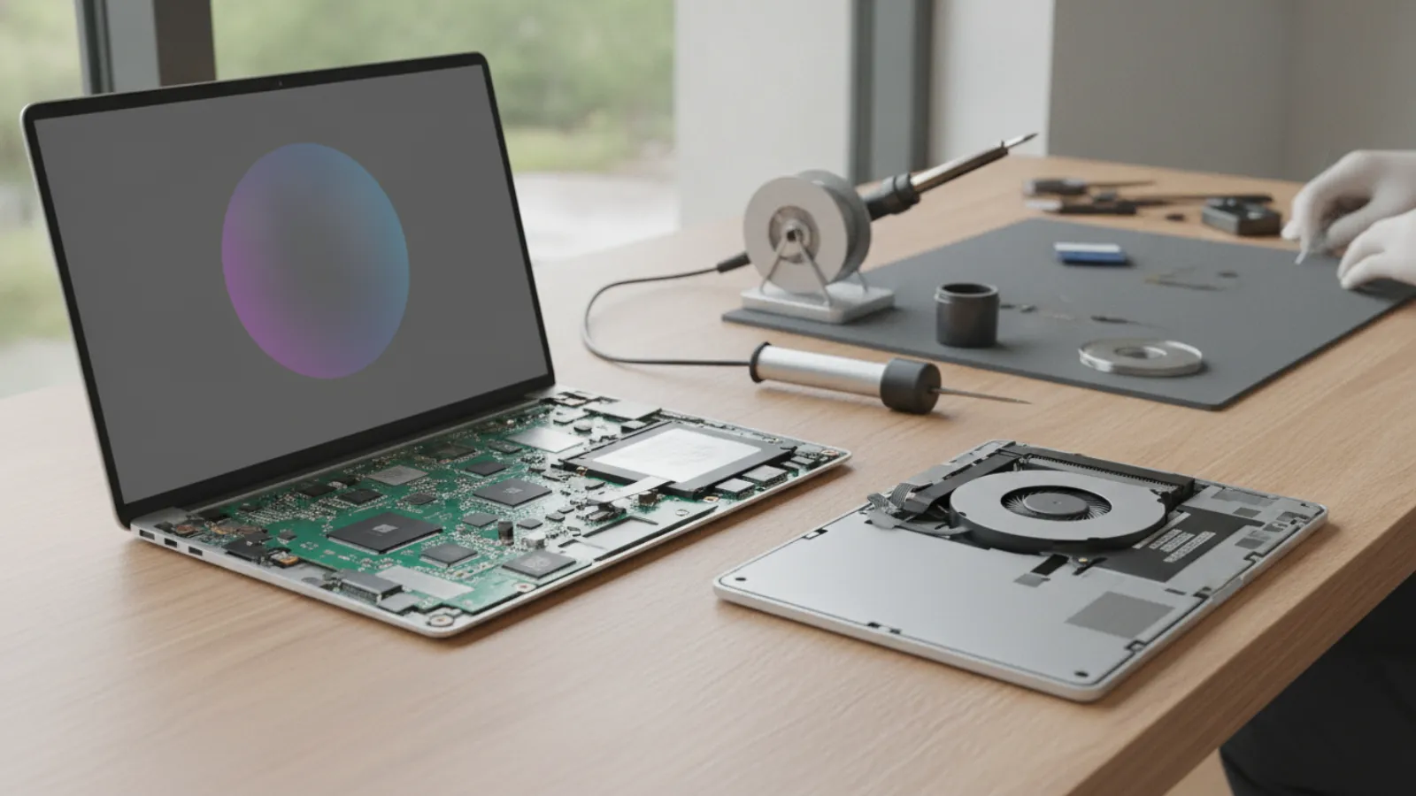 Laptop with the bottom cover removed showing the motherboard, next to a soldering iron on a repair bench