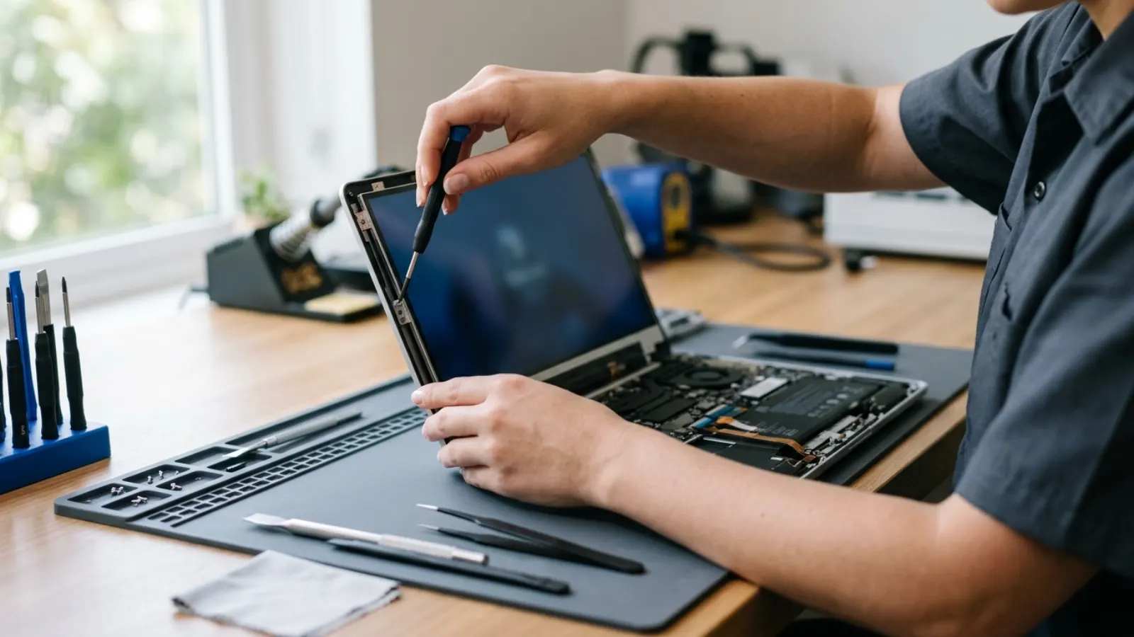Technician's hands replacing a laptop display panel with precision screwdrivers and tools