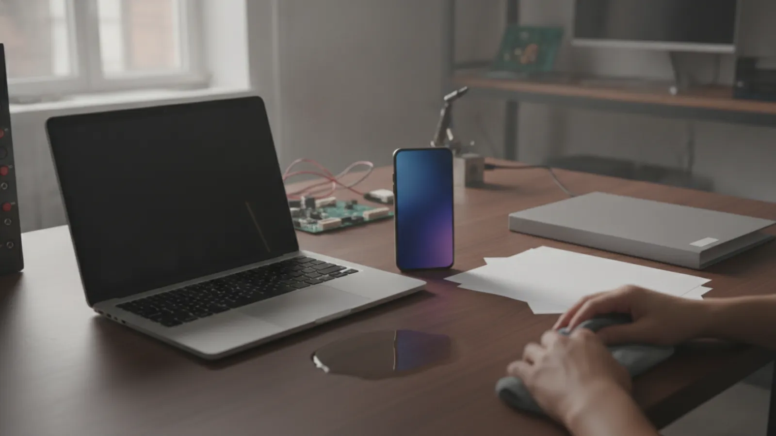 Laptop on a desk with a small spill beside it, a phone and blank papers for documenting a claim