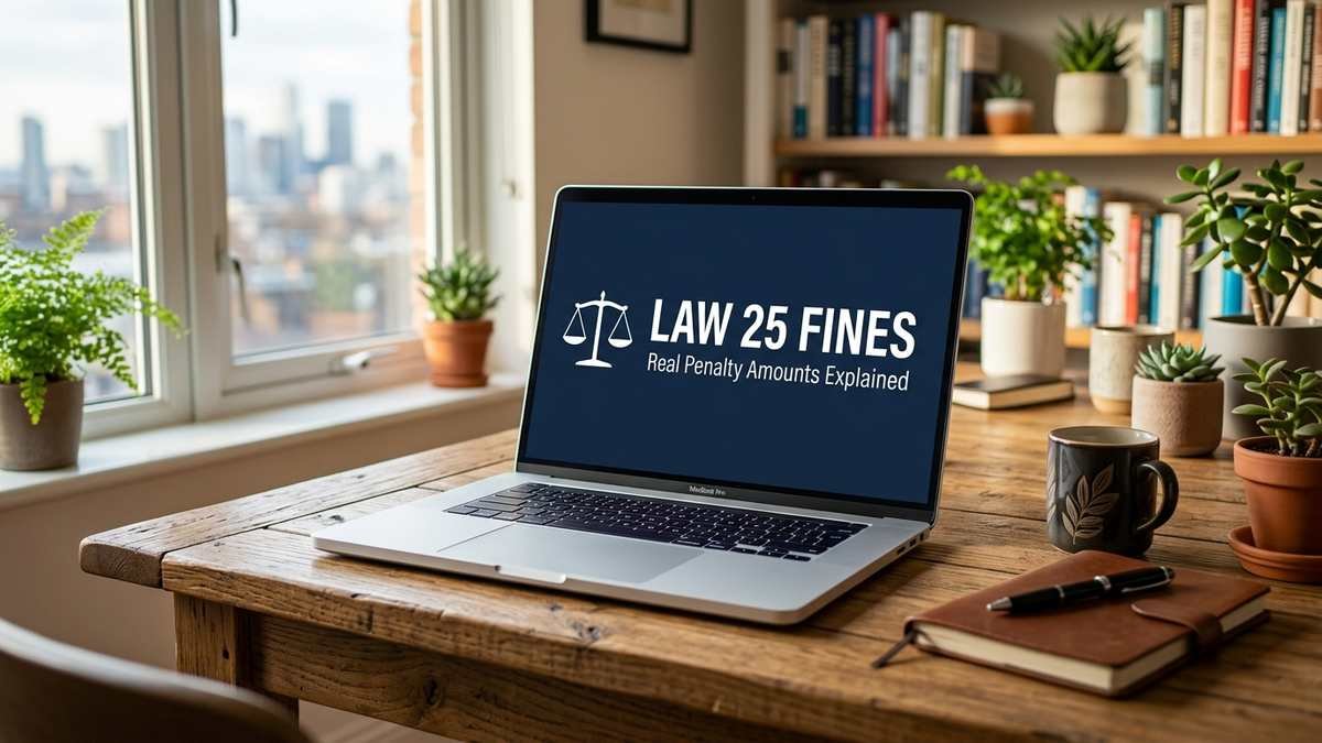 Laptop screen displaying 'Law 25 Fines' with a scale-of-justice icon on a wooden desk in a home office