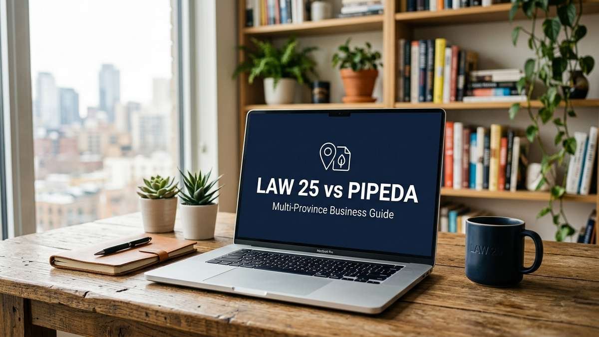 Laptop screen displaying 'Law 25 vs PIPEDA: Multi-Province Business Guide' with a map pin and document icon, office desk
