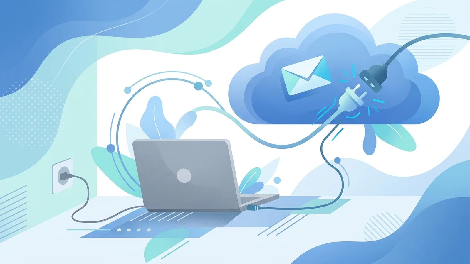 Laptop and envelope connected by a broken cable being reconnected, calm blue flat illustration