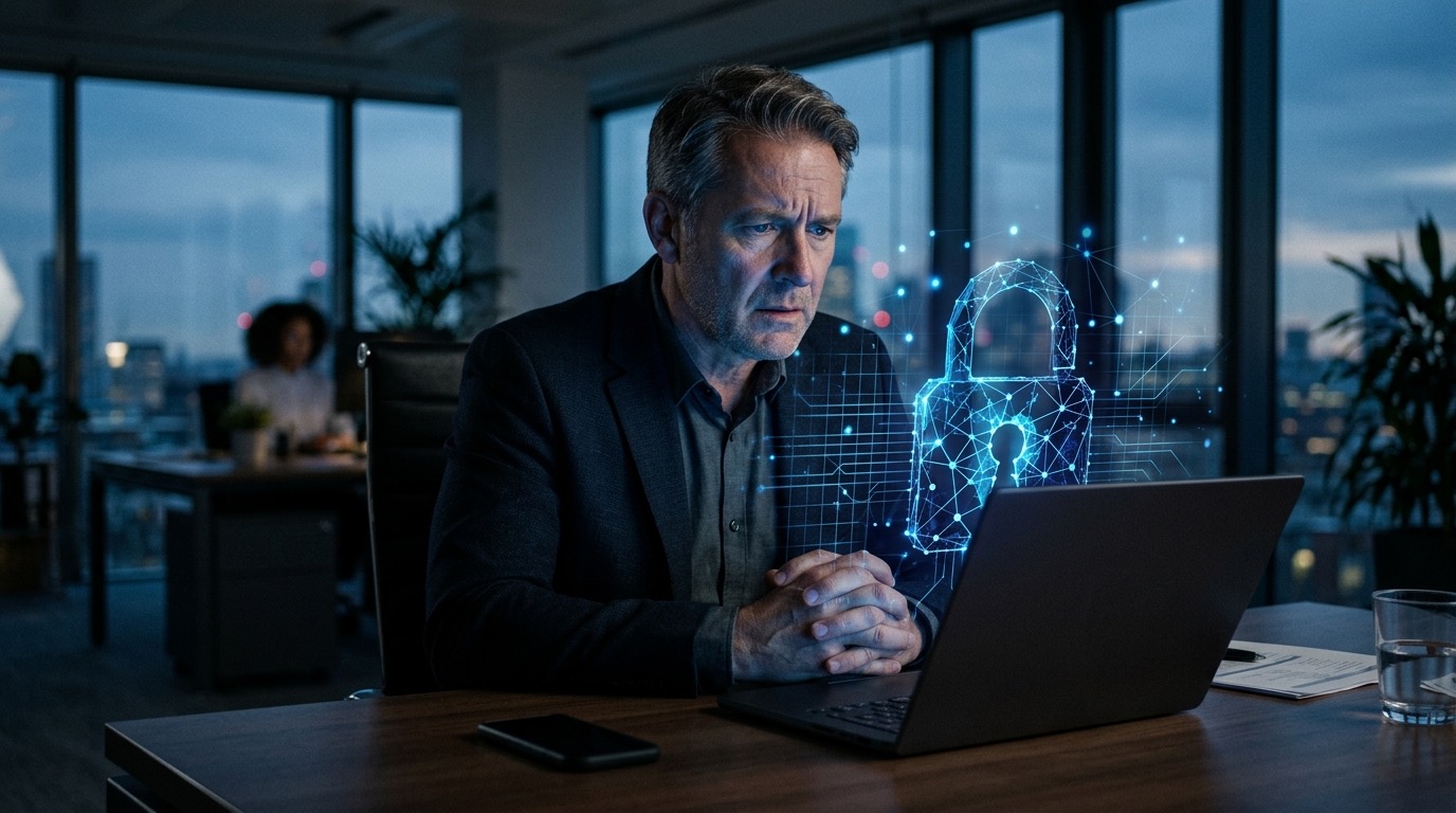 Concerned professional looking at a laptop glowing navy blue, representing a hacked LinkedIn account and professional account security breach