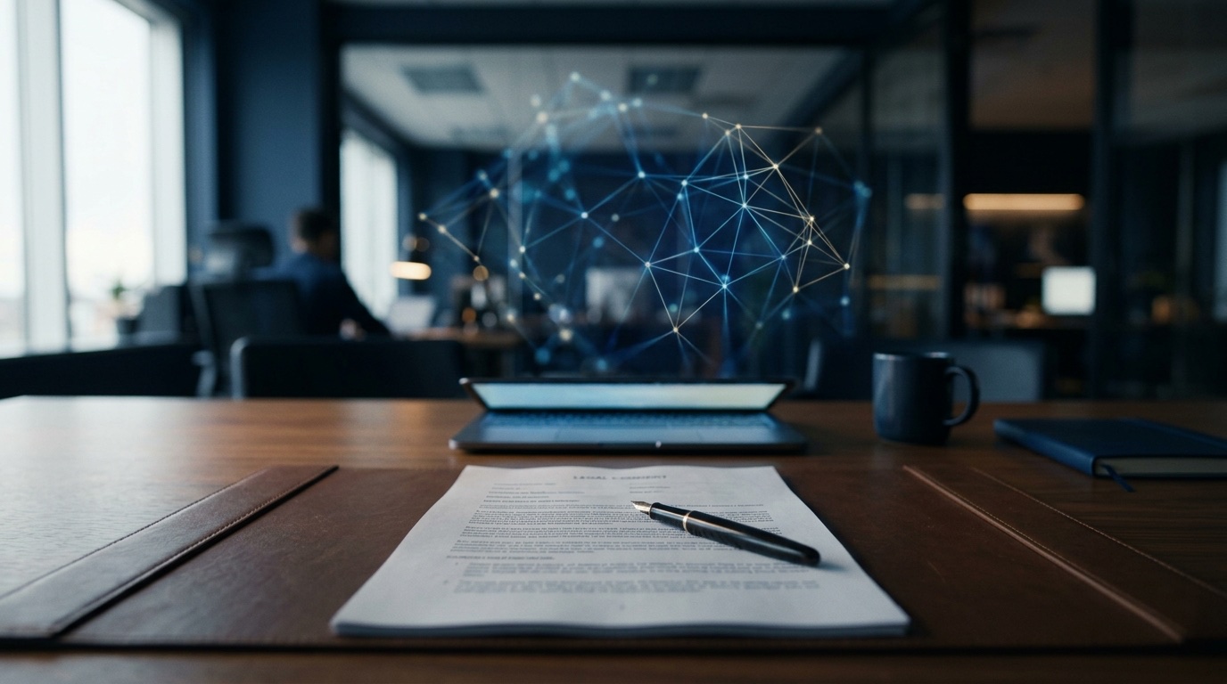 Professional office desk with a legal compliance document and an abstract glowing AI network pattern, symbolizing Canada's evolving approach to AI regulation