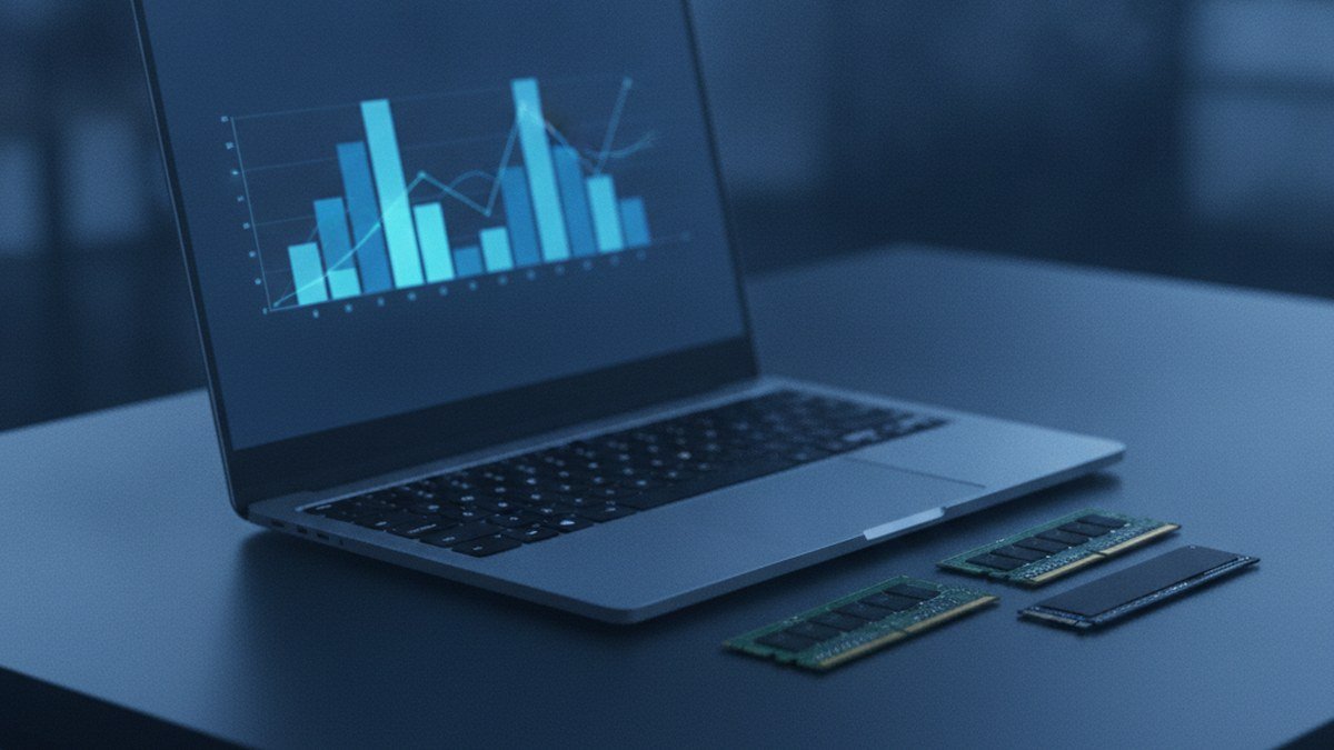 Laptop with a memory usage graph beside two RAM modules and an NVMe SSD, illustrating low RAM, swap and SSD wear