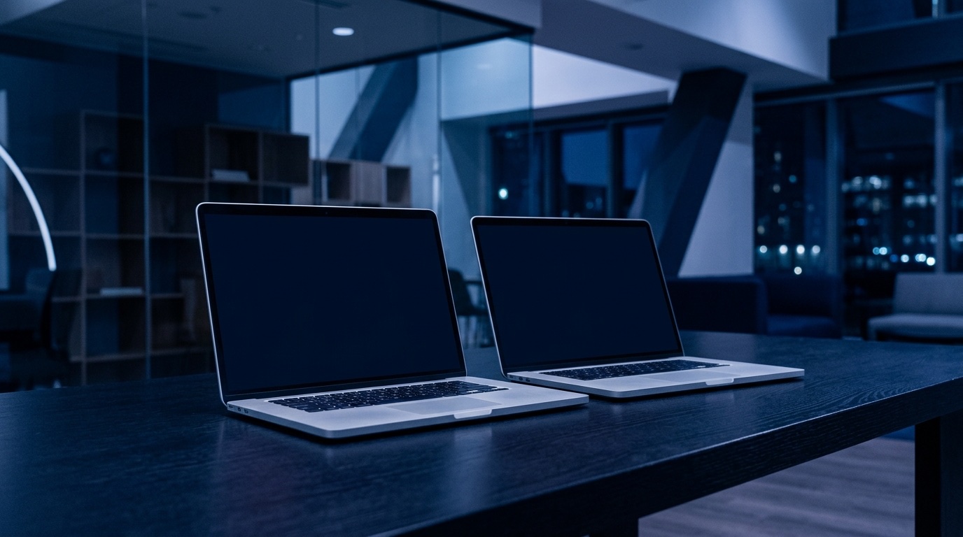 Two laptops side by side on a desk, illustrating the Intel Mac vs Apple Silicon comparison in 2026
