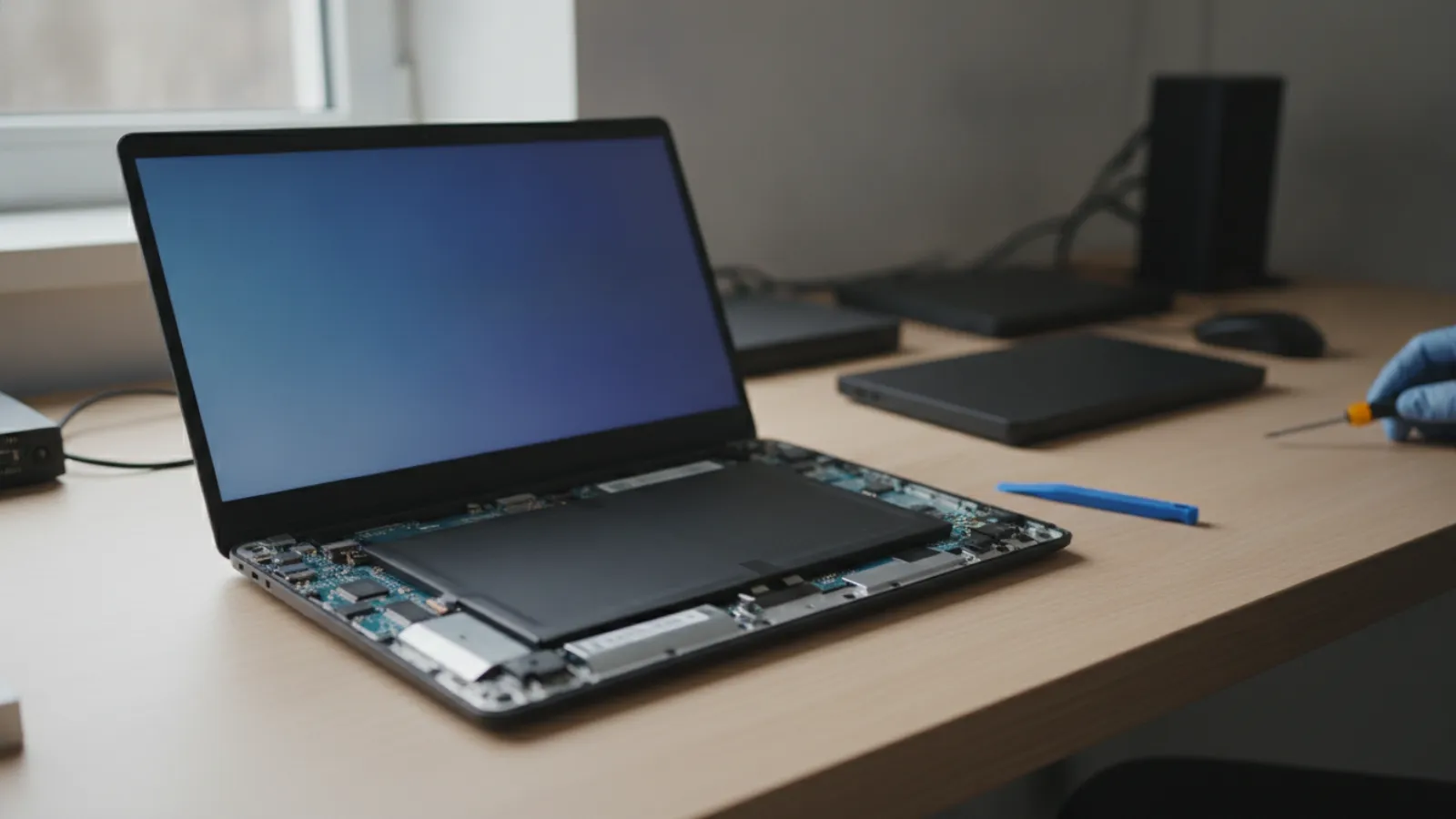 Laptop with the bottom cover removed showing the battery, with a plastic spudger tool beside it