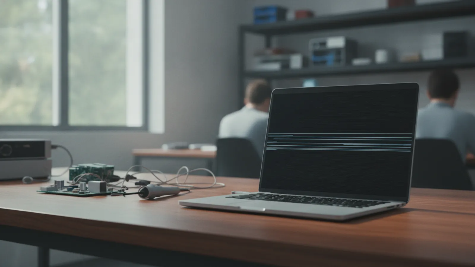 Laptop on a desk with a dark screen showing thin horizontal light lines from a display fault