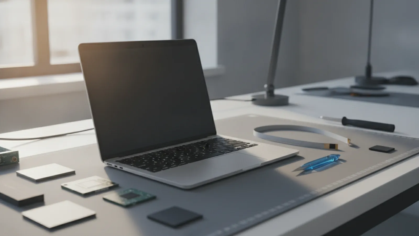 Silver laptop open on a repair bench with a flat ribbon cable and a plastic repair tool beside it
