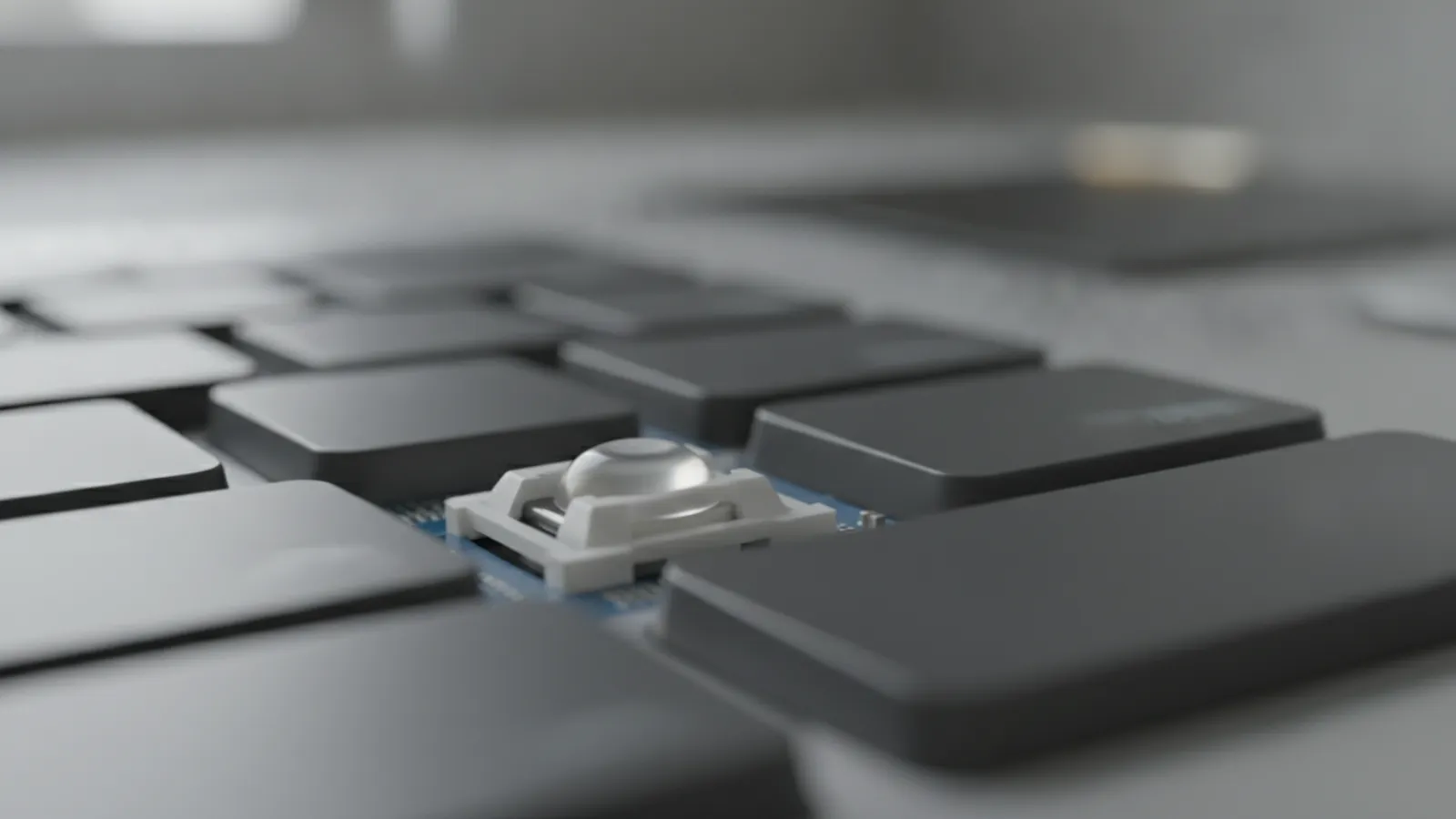 Close up of a laptop keyboard with one keycap removed showing the key mechanism underneath