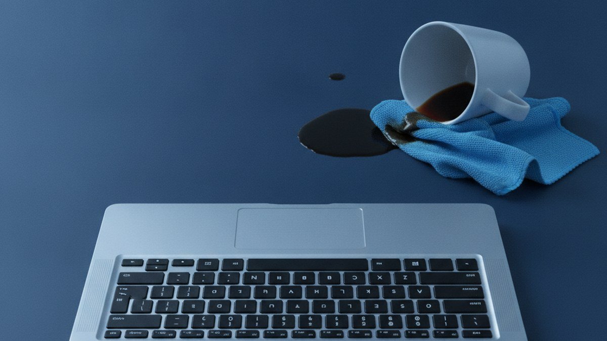 Portable argenté ouvert sur un bureau avec une tasse de café renversée et une flaque à côté du clavier, illustrant un liquide renversé sur un MacBook