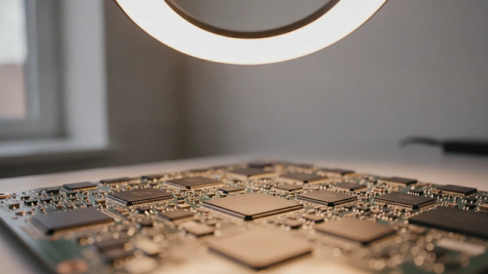 Close up of a laptop logic board with unmarked chips under a bright magnifier lamp