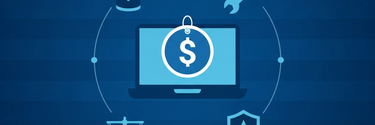 Flat illustration of a laptop with a price tag, a battery, a shield and a calculator representing repair cost comparison