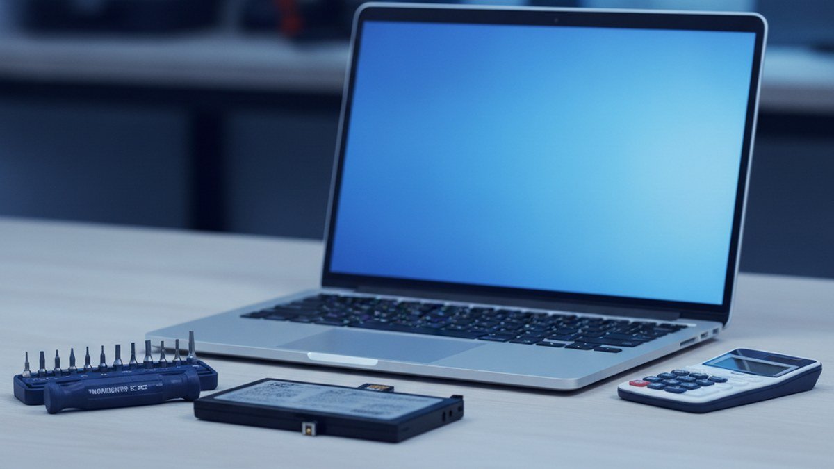 Silver laptop on a workbench with precision screwdrivers and a replacement battery, illustrating MacBook repair cost in Canada