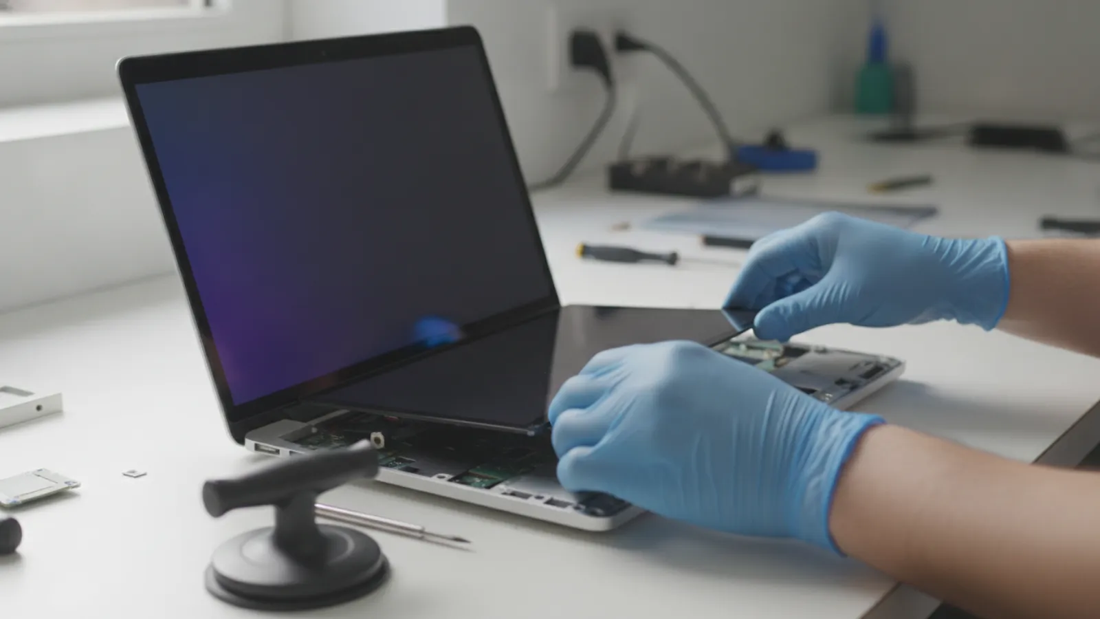 Gloved hands lifting the display panel away from a silver laptop base on a repair bench